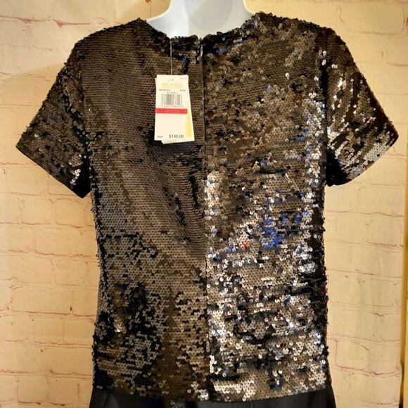 NWT Michael Kors Black Sequin Short Sleeve T-Shirt Style Top sz.XS MSRP $140 - Picture 7 of 9